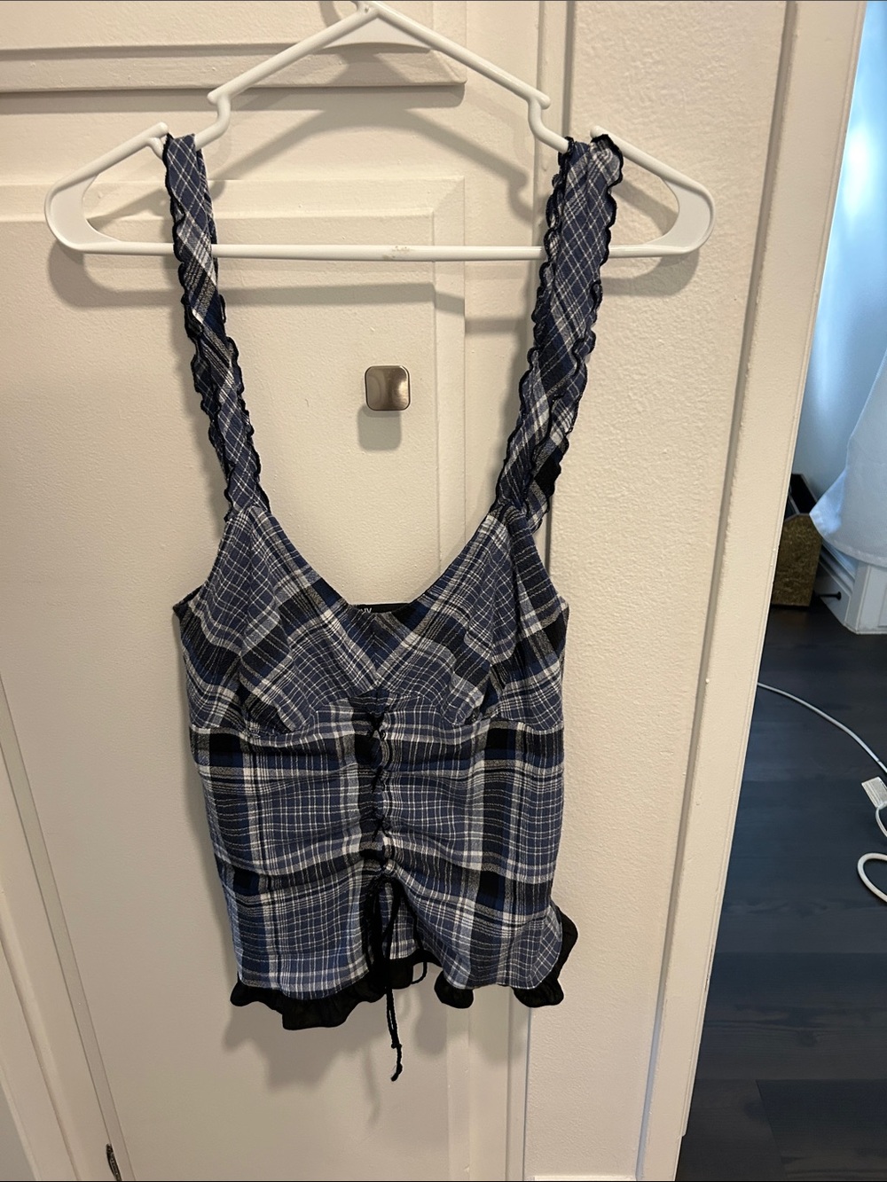 NY Collection Navy and White Plaid Ruched Tie-Front Camisole